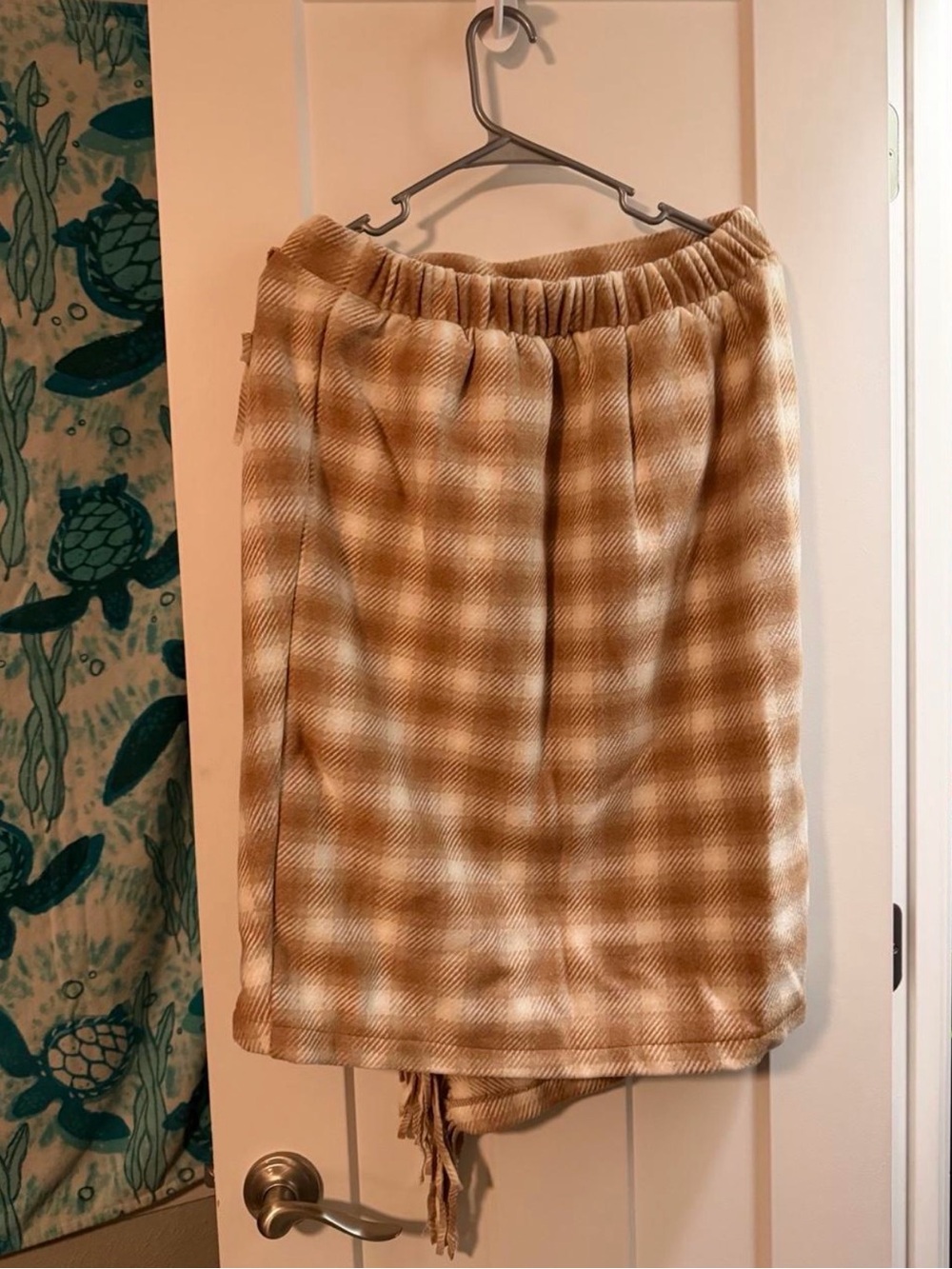 Time and Tru Tan and Cream Plaid Asymmetrical Fringe Midi Skirt - Picture 2 of 4